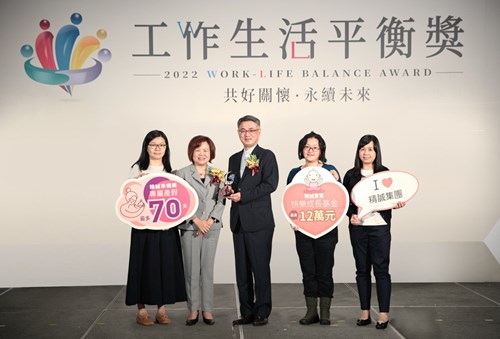 Minister Hsu Ming-Chun in a group photo with enterprises that received the “Family-Friendly Award”, recognizing their efforts to create a safe workplace for childcare.